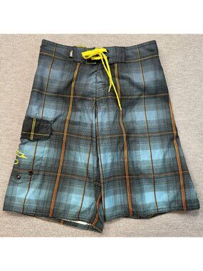 No Fear Board Shorts Mens Size S Plaid Swim Trunks Swimwear Pocket Hock & Loop